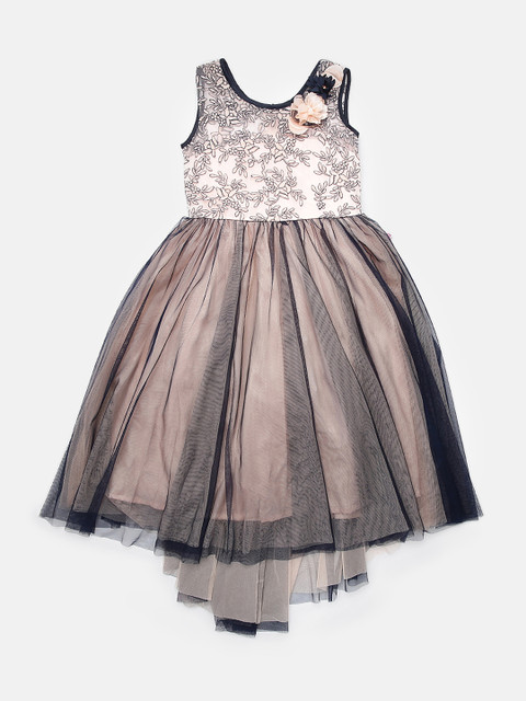 

Peppermint Girls Beige & Black Embroidered Net Fit & Flare Dress