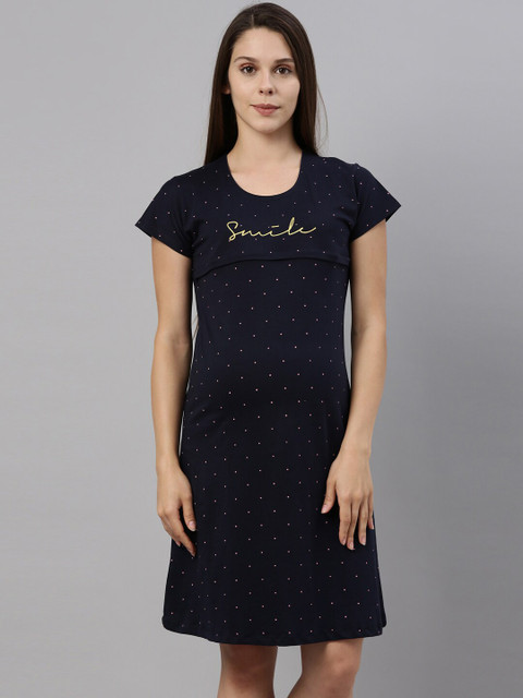 

GOLDSTROMS Women Navy Blue & Yellow Polka Dots Printed Maternity T-Shirt Night Dress
