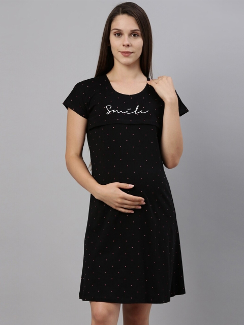 

GOLDSTROMS Women Black Printed T-Shirt Nightdress