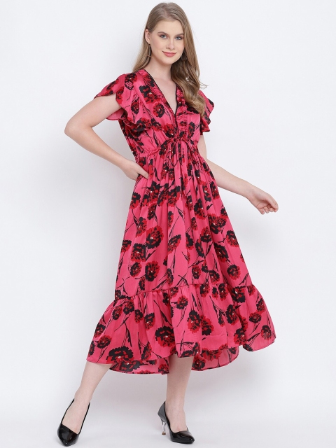 

Oxolloxo Pink & Coral Floral Satin Midi Dress