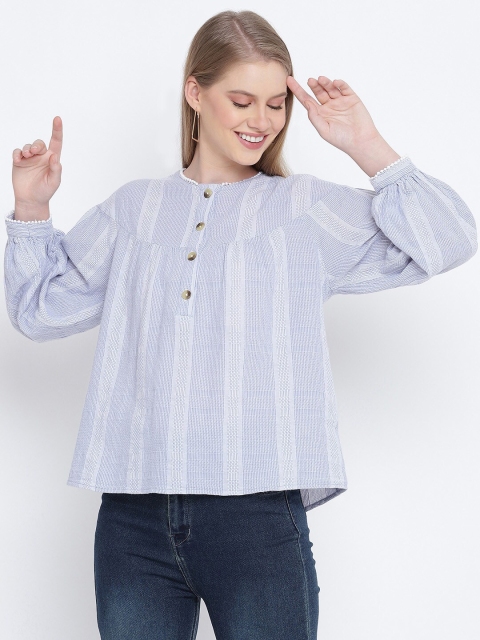 

Oxolloxo Blue Striped Linen A-Line Top