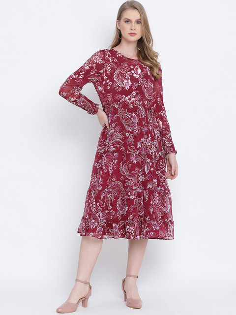 

Oxolloxo Pink & White Ethnic Motifs Satin A-Line Midi Dress