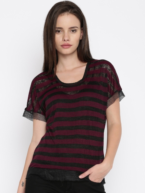 

ELLE Black & Maroon Striped T-shirt