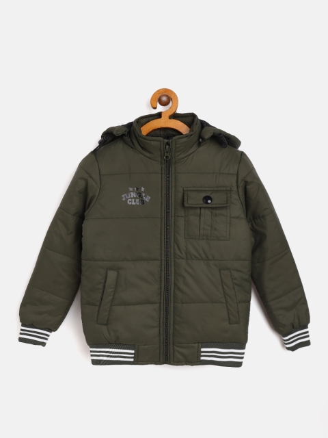 

Miss & Chief Boys Olive Green Solid Bomber Jacket with Detachable Hood