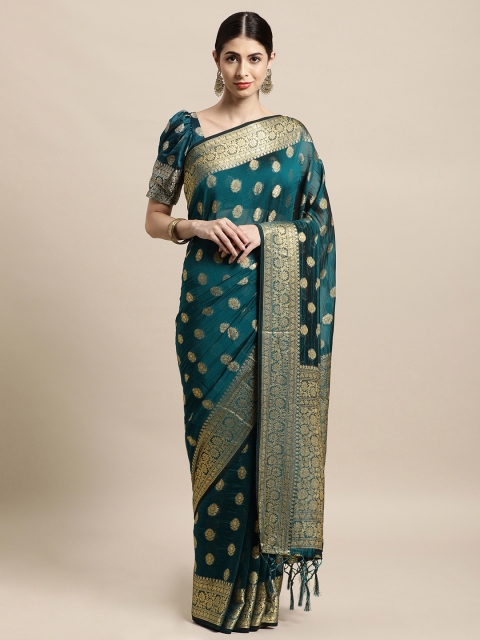 

Tikhi Imli Teal & Gold-Toned Woven Design Saree