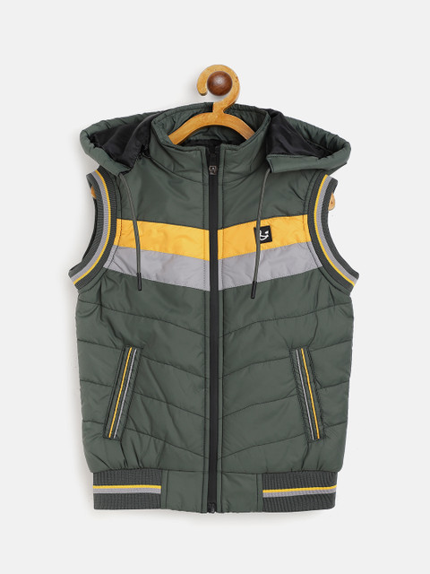 

Miss & Chief Boys Olive Green & Grey Solid Hooded Bomber Jacket