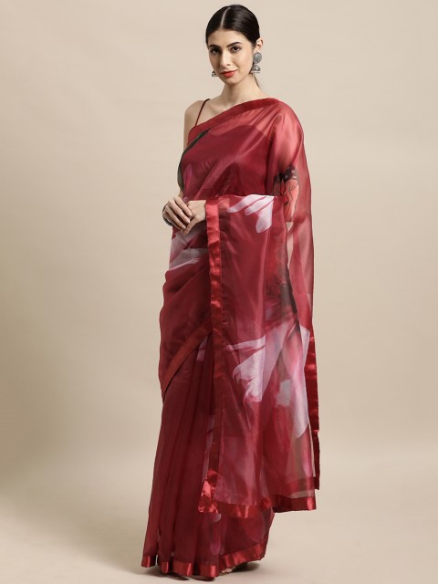 

Tikhi Imli Burgundy Floral Organza Saree