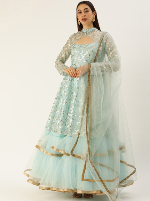 

EthnoVogue Blue Embellished Choker Neck Net Maxi Dress with Dupatta