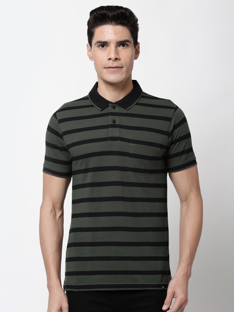 

Ruggers Men Olive Green Striped Polo Collar Applique Slim Fit T-shirt