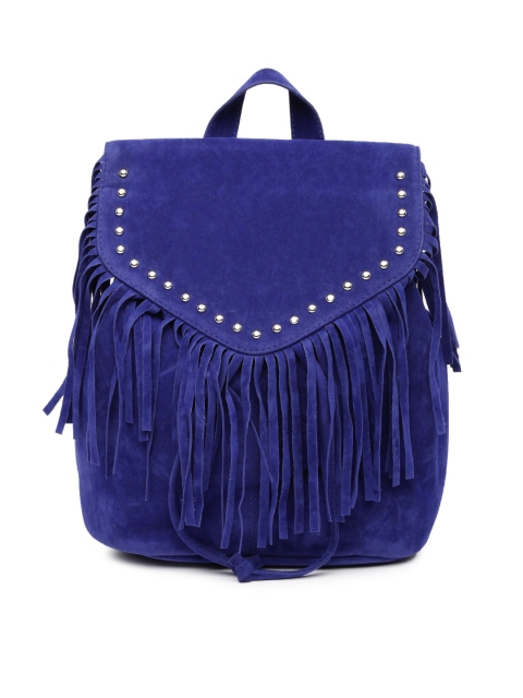 

POCKIT Women Blue Fringed Backpack with Metallic Studded Detail