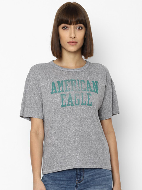 

AMERICAN EAGLE OUTFITTERS Women Grey Typography Printed T-shirt