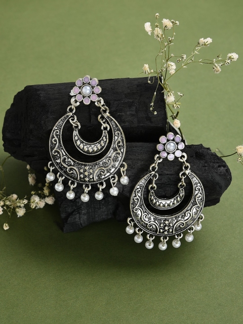 

Accessorize Silver-Toned & Purple Crescent Shaped Oxidised Chandbalis