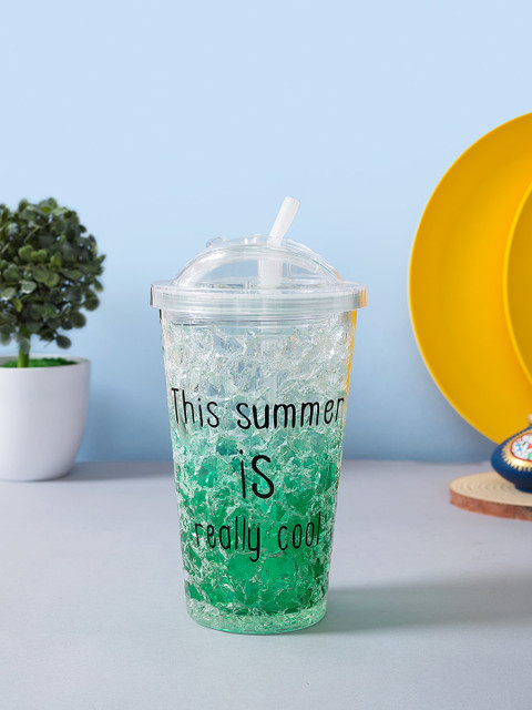 

Golden Peacock Green & Transparent Printed Freezing Gel Sipper Bottle With Straw