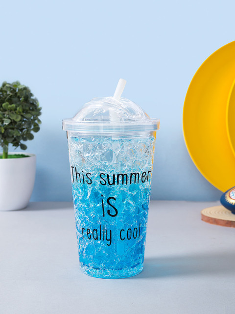 

Golden Peacock Blue & Transparent Printed Freezing Gel Sipper Bottle With Straw