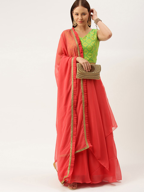 

EthnoVogue Green & Pink Unstitched Lehenga & Made to Measure Blouse With Dupatta