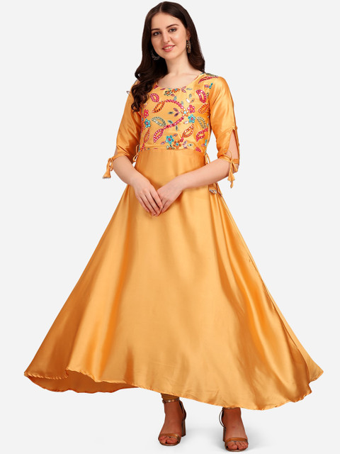 

Tikhi Imli Women Yellow Embroidered Cold-Shoulder Sleeves Thread Work Anarkali Kurta