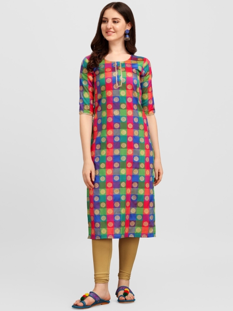 

Tikhi Imli Women Blue Geometric Checked Keyhole Neck Thread Work Jacquard Kurta