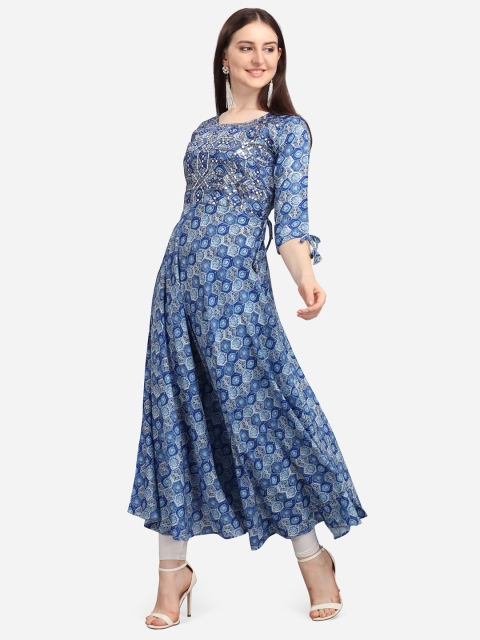 Tikhi Imli Women Blue Printed Mirror Work Anarkali Kurta