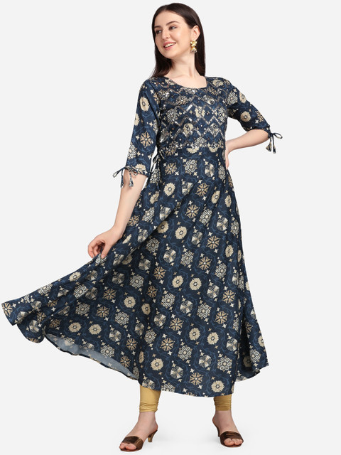 

Tikhi Imli Women Blue Printed Mirror Work Anarkali Kurta