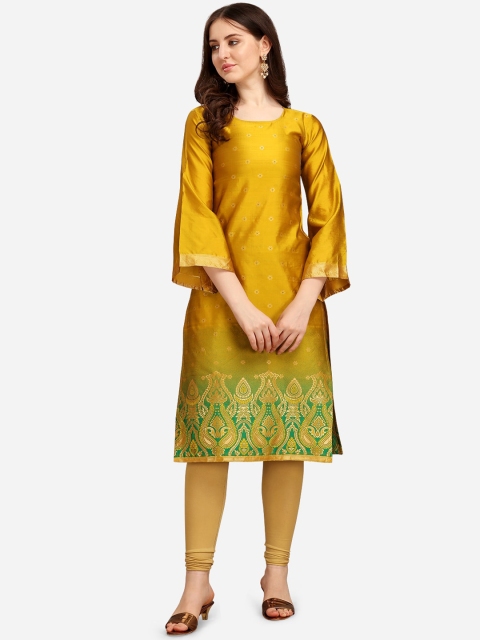 

Tikhi Imli Women Mustard Yellow Ethnic Motifs Printed Flared Sleeves Jacquard Kurta