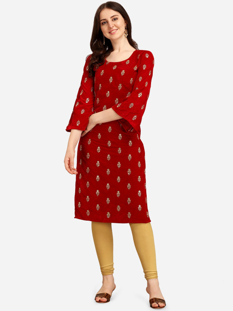 

Tikhi Imli Women Red Ethnic Motifs Printed Flared Sleeves Velvet Kurta