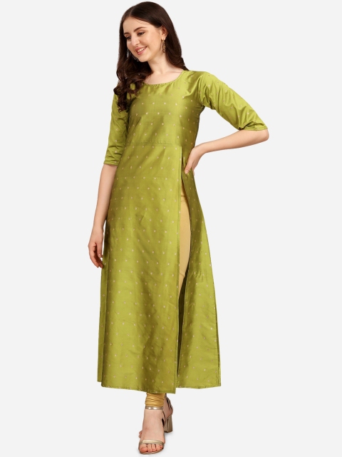 

Tikhi Imli Women Green Checked Keyhole Neck Thread Work Jacquard Kurta
