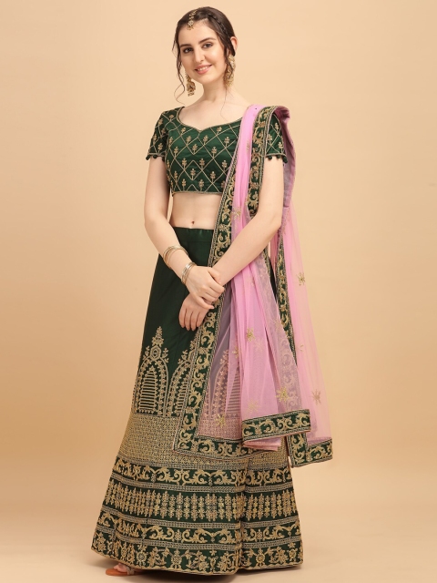 

Amrutam Fab Green & Gold-Toned Embroidered Thread Work Ready to Wear Lehenga & Unstitched Blouse With