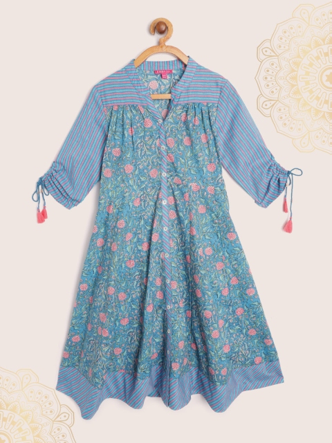 

Biba Girls Blue & Pink Ethnic Motifs Print Pure Cotton Fit & Flare Dress