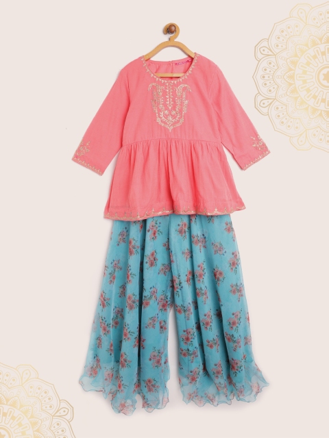 

Biba Girls Peach-Coloured & Gold Embroidered Pleated Kurti with Floral Sharara