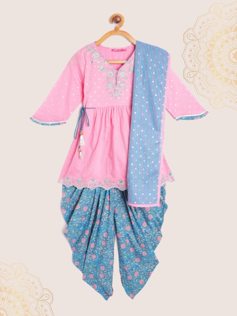 

Biba Girls Pink Geometric Printed A-line Printed Cotton Kurta with Patiala & Dupatta