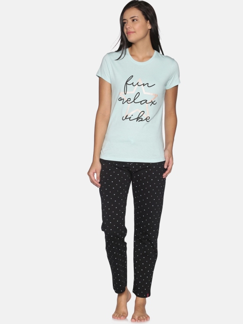 

TWIN BIRDS Women Turquoise Blue & Black Printed Night Suits