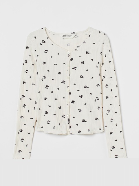 

H&M Girls White Printed Ribbed Top, Off white