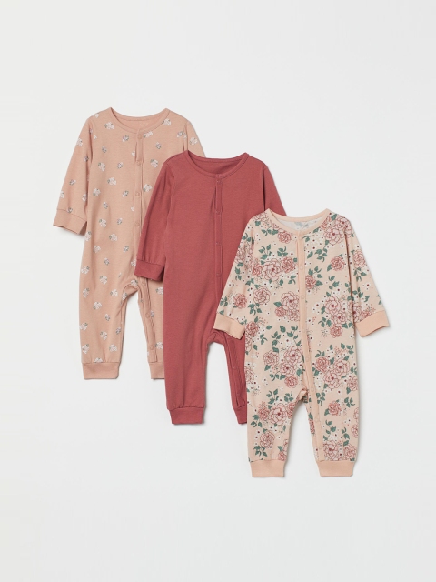 

H&M Girls 3-Pack Cotton Rompers, Pink