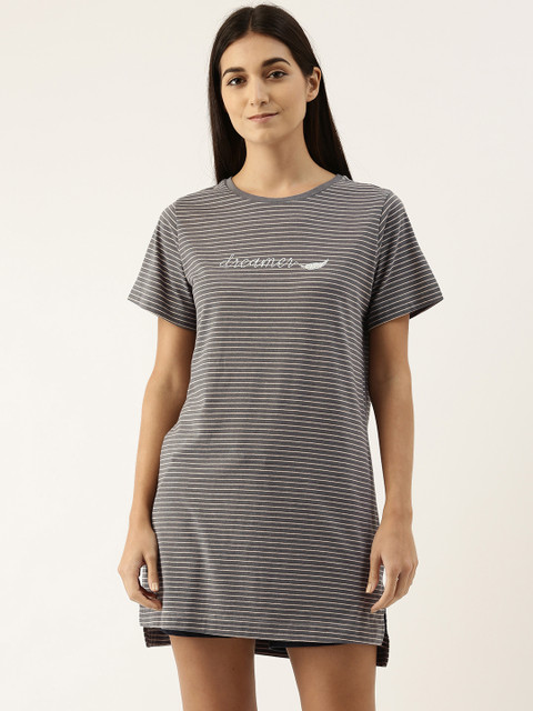 

Enamor Womens Grey Melange & Pink Essential Short Sleeve Cotton Tunic Tee