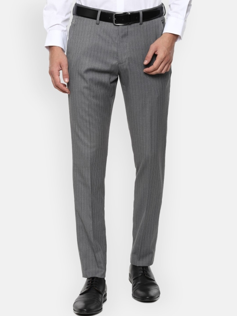 

Louis Philippe Men Grey Striped Slim Fit Formal Trousers