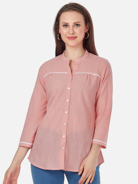 

Kiana Women Pink & White Striped Mandarin Collar Shirt Style Top