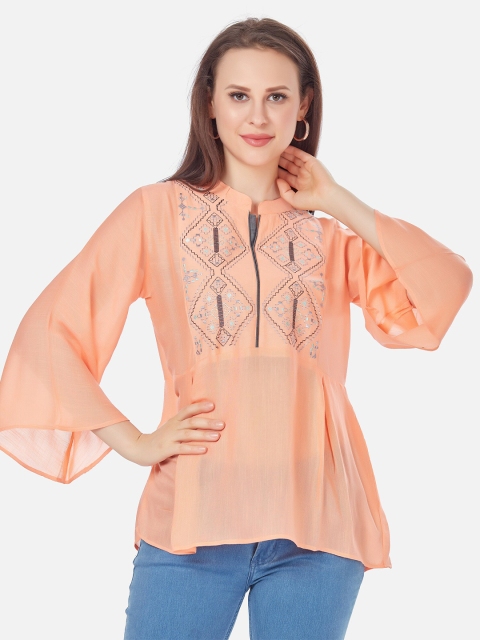 

Kiana Women Coral Geometric EMbroidered Crepe A-Line Top