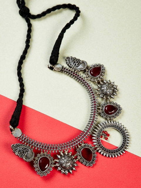 

GloBox By ZeroKaata Silver-Plated & Red Stone Studded Oxidised Choker Necklace