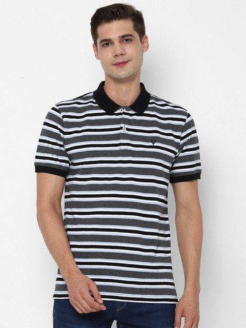 

Allen Solly Men Grey Striped Polo Collar Pure Cotton T-shirt