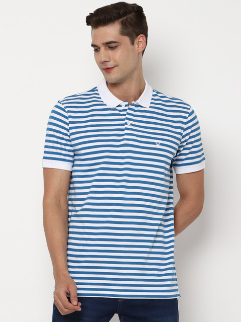 

Allen Solly Men Blue White Striped Polo Collar Pure Cotton T-shirt