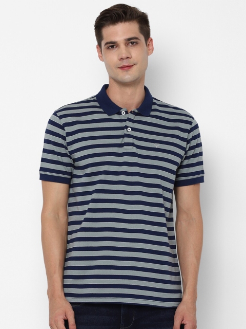 

Allen Solly Men Grey Navy Blue Striped Polo Collar Pure Cotton T-shirt