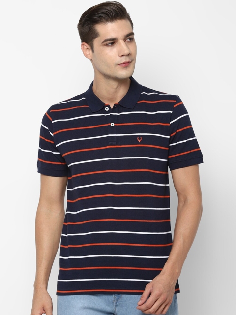 

Allen Solly Men Navy Blue Striped Polo Collar Pure Cotton T-shirt