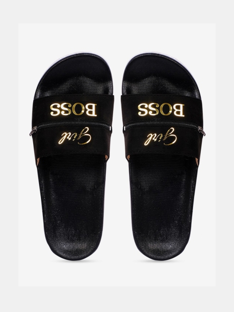 

FREECO Women Black & Gold-Toned Printed Sliders