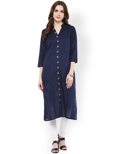 

Kira Women Navy Solid Straight Kurta, Navy blue