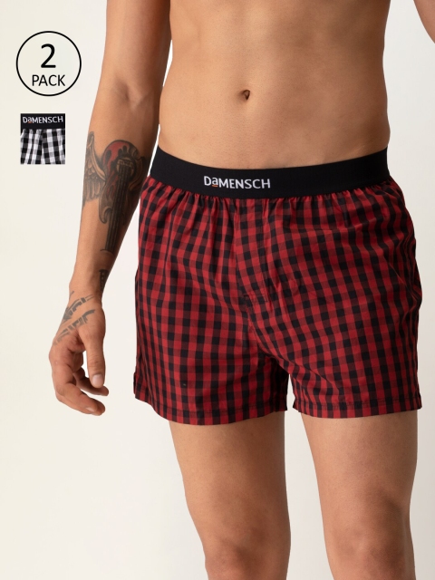 

DAMENSCH Men Pack Of 2 Checked Pure Cotton Ultra-Light Everyday Inner Boxers, Red