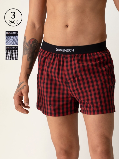 

DAMENSCH Men Pack Of 3 Checked Ultra-light Everyday Pure Cotton Boxers, Red
