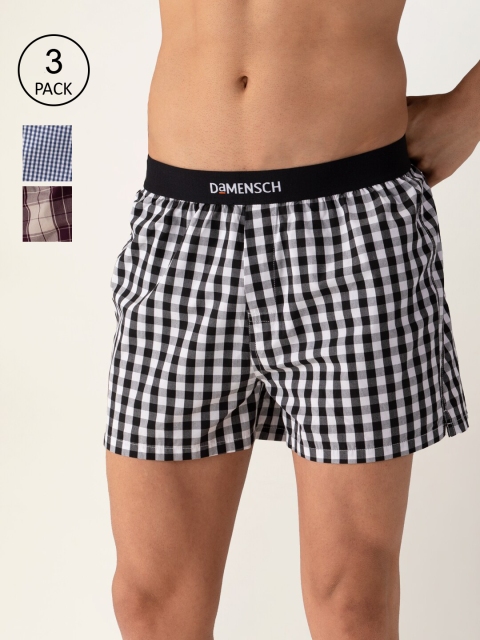 

DAMENSCH Men Pack Of 3 Checked Ultra-light Everyday Pure Cotton Boxers, Navy blue