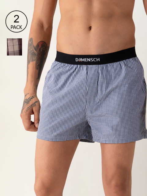 

DAMENSCH Men Pack Of 2 Checked Pure Cotton Ultra-Light Everyday Inner Boxers, Blue