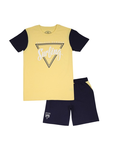

Masculino Latino Boys Yellow & Navy Blue Printed T-shirt with Shorts
