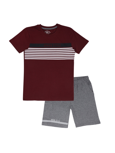 

Masculino Latino Boys Maroon & Grey Striped Pure Cotton T-Shirt With Shorts